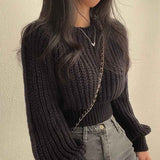 thanksgiving outfit Tineit Zoki Autumn Knit Short Sweaters Fashion Sexy Hollow Out Long Sleeve O Neck Solid Pullover Loose Korean All Match Crop Jumper New