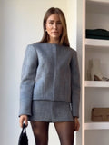 Tineit Elegant Solid Long Puff Sleeve Women Jacket Sets A Line Slim Female Mini Skirt Set 2025 Autumn O-neck Button Lady Office Suit