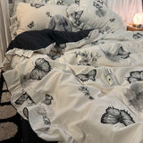 Tineit Korean Style Ink Butterfly Bedding Set Summer Ice Silk Cool 4pcs Bed Sheet Set Duvet Cover 2 Pillowcases For Girls