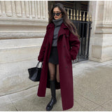 Tineit Woolen Belts Double Breasted Long Coat Women Turn-down Collar Casual Pocket Chic Elegant Outwear 2025 Winter Street Lady Jacket