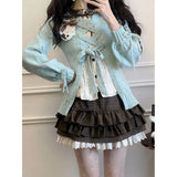 Tineit French Lolita Set Cute Sweet Lapel Long Sleeved Shirt Mint Colored Sweater Short Skirt Spring Autumn 3 Piece Set Платье