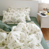 Tineit Ins Floral Bedding Set Soft Duvet Cover with Zipper No Filler Flat Sheet Pillowcase Cream Green Twin Queen Size Bed Linens