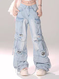 christmas outfit Tineit Women Blue Baggy Cargo Jeans Harajuku Ripped Denim Trousers Y2k Aesthetic Vintage Japanese 2000s Style Jean Pants Trashy Clothes