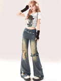 christmas outfit Tineit Women Blue Baggy Ripped Jeans Harajuku Denim Trousers Y2k Vintage Japanese 2000s Style 90s Aesthetic Jean Pants Trashy Clothes