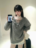 Tineit Autumn Winter Knitted Sweater Suit Woman Casual Basic Lace Tops Long Sleeve Loose Sweater Pullovers Korean Fashion Clothing Set