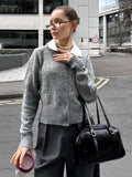 thanksgiving outfit Tineit Retro Knitted O-neck Short Cardigan Women Casual Loose Gray Single Breasted Sweaters Female Elegant Autumn Chic Base Knitwear