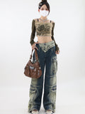 christmas outfit Tineit Women's Wide Cargo Jeans Fashion 90s Aesthetic High Waist Denim Trousers Harajuku Korean Baggy Jeans Pants Grunge 2000s Clothes