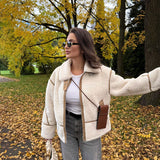 Tineit Fashion Contrast Spliced Zipper Lapel Lamb Wool Jacket Women's Chic Casual Thick Warm Long Sleeve Coat Ladies Chic Outwear 2024