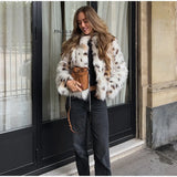 Tineit Leopard Faux Fur Autumn Winter Jacket Women Coat Short Plush Stand Collar Panelled Jacket Female Warm Stylish Outerwears Lady