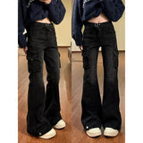 Tineit Vintage Wash High Waist Cargo Jeans