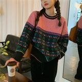 Tineit 2024 Fall Fashion Vintage Jacquard Splice Knit Sweater