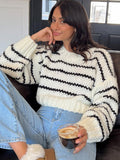 Tineit Oversize Stripe Women Sweater Long Sleeve O Neck Female Pullover 2025 Fashion Autumn Winter Knitted Loose Crop Lady Short Top