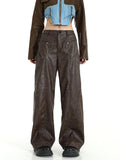 christmas outfit Tineit Women's Vintage Brown Leather Pants 90s Y2k Retro Pippie High Waist Pants Baggy Harajuku Wide Leg Jogger Trousers 2000s Clothes