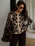 Tineit Leopard Print Knitted Cardigans Women O-neck Soft Single Breasted Loose 2025 Winter Sweater Female Fashion Chic Long Sleeve Coat