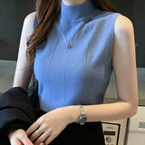 thanksgiving outfit Tineit Solid Elegant Vest Women Fashion Blue Soft Elastic Half High Neck Sweater Office Lady Slim Korean Knitted Sleeveless Basic Tops