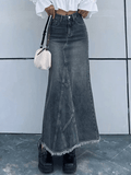 Tineit Back Slit Patchwork Long Denim Skirt