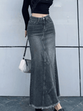 Tineit Back Slit Patchwork Long Denim Skirt