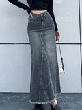 Tineit Back Slit Patchwork Long Denim Skirt