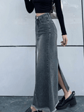 Tineit Back Slit Patchwork Long Denim Skirt