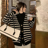 thanksgiving outfit Tineit Striped Knit Cardigan Women Black White Patchwork Fall Winter Warm Button Sweater Fashion Elegant Loose Chic Twist Coat