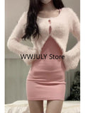 Tineit Autumn Sexy Strap Y2k Mini Dress Sets Women Pink Sweet Sweater Tops Elegant Bodycon Slim 2 Piece Skirt Dress Korean Fashion 2025