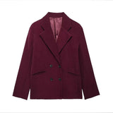 Tineit Office Solid Lapel Women Coat Burgundy Double Breasted Lady Blazers 2025 Fashion Autumn Pocket Long Sleeve Suit Female Jacket