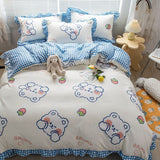 Tineit Cute Bear Printed Bedding Set Ins Solid Color Linen And Duvet Cover With Pillowcases Single Double Full Size For Kids Adults