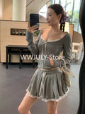 Tineit 2000s Harajuku Grey Casual 2 Piece Set E-girls Lace Slim Crop Tops + Sweet Slim Y2k Mini Skirt Woman 2025 New Korean Style Suit