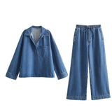 cold weather outfits Tineit 2024 Spring Summer Casual Denim Women Suits Fashion Vintage Turn-down Collar Pocket Shirts+Chic Drawstring Wide Leg Pants