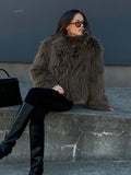 Tineit 2024 Dark Green Chic Stand Collar Fluffy Faux Fur Coat Women's Fashion Full Sleeve Winter Warm Short Jacket Female New Outerwear