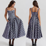 Tineit Sexy Plaid Print Sling Dress Women Elegant Patchwork Sleeveless Backless Pleated Female Maxi Dresses 2024 Summer Chic Lady Robes