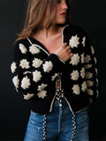 Tineit 3D Flower Lace Up Women Sweaters Hollow Out O Neck Female Cardigan 2025 Vintage Autumn Embroidery Loose Full Sleeve Lady Top