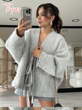 Tineit 2025 New Solid Women's Lace Up Mohair Cardigan Coat Elegant V Neck Long Sleeve Loose Casual Jacket Spring Lady Fashion Outerwear