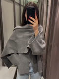 Tineit 2024 Fashion Grey Scarf Collar Jacket For Women Autumn Elegant Loose Long Sleeve Short Coat New Female Classic Casual Streetwear