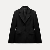 Tineit Elegant Long Blazer Coat Women Single Breasted Black Loose Long Sleeve Shoulder Pads Thicken Suit Jacket Female 2025 Spring Tops