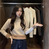 thanksgiving outfit Tineit Fall Warm Slim Women Sweater Korean Casual Mock Neck Thick Velvet Knit Pullover Solid Soft Basic All Match Knitwear Jumper New