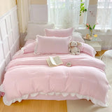 Tineit Korean Princess Style Duvet Cover Set No Filling Pink Blue Soft Washed Cotton Girls Favorite Ruffles Bed Linen Pillowcases