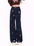 christmas outfit Tineit Women's Dark Blue Y2k Baggy Jeans Harajuku 2000s Oversize Pattern Print Denim Trousers Vintage Jean Pants Trashy Clothes 2025