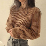 thanksgiving outfit Tineit Zoki Autumn Knit Short Sweaters Fashion Sexy Hollow Out Long Sleeve O Neck Solid Pullover Loose Korean All Match Crop Jumper New