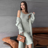 thanksgiving outfit Tineit Casual Knitted Sling Dresses Cardigan Set Women Loose Solid V-neck Knitwear Long Open Sweater Woman's Sets Autumn Chic Oufits