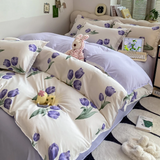 Tineit Floral Printed Duvet Cover Fresh Tulip Flower Comforter Cover and Sheet Pillowcase Skin-friendly Girl Home Bedding Set NO Filler