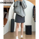 Tineit Japanese Shibuya Grey Sweater Paired Polka Dot Mini Skirt Winter Korean Sweet Spicy Streetwear Y2k 2 Piece Sets Платье