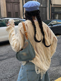 Tineit Twist Hollow Out Knit Sweater Women Chic O-neck Long Sleeve Loose Tassels Pullover Female 2025 Spring Solid Jumper Top Sweaters