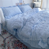 Tineit INS Girl Blue Bedding Sets Solid Color Seersucker Ruffles Lace  Kawaii Soft Sheet Woman Duvet Cover Pillow Covers Quilt Cover