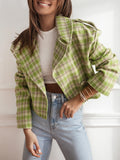 Tineit Plaid Short Woolen Jacket Women Double Breasted Turn-down Collar Casual Chic Long Sleeve Coats 2025 Autumn New Street Outwear