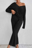 Tineit V Neck Ribbed Long Sleeve Two-Piece Set