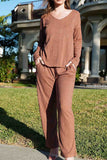 Tineit V Neck Ribbed Long Sleeve Two-Piece Set