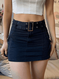 Tineit Buckle Belt Denim Cargo Mini Skirt