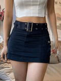 Tineit Buckle Belt Denim Cargo Mini Skirt