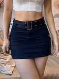 Tineit Buckle Belt Denim Cargo Mini Skirt